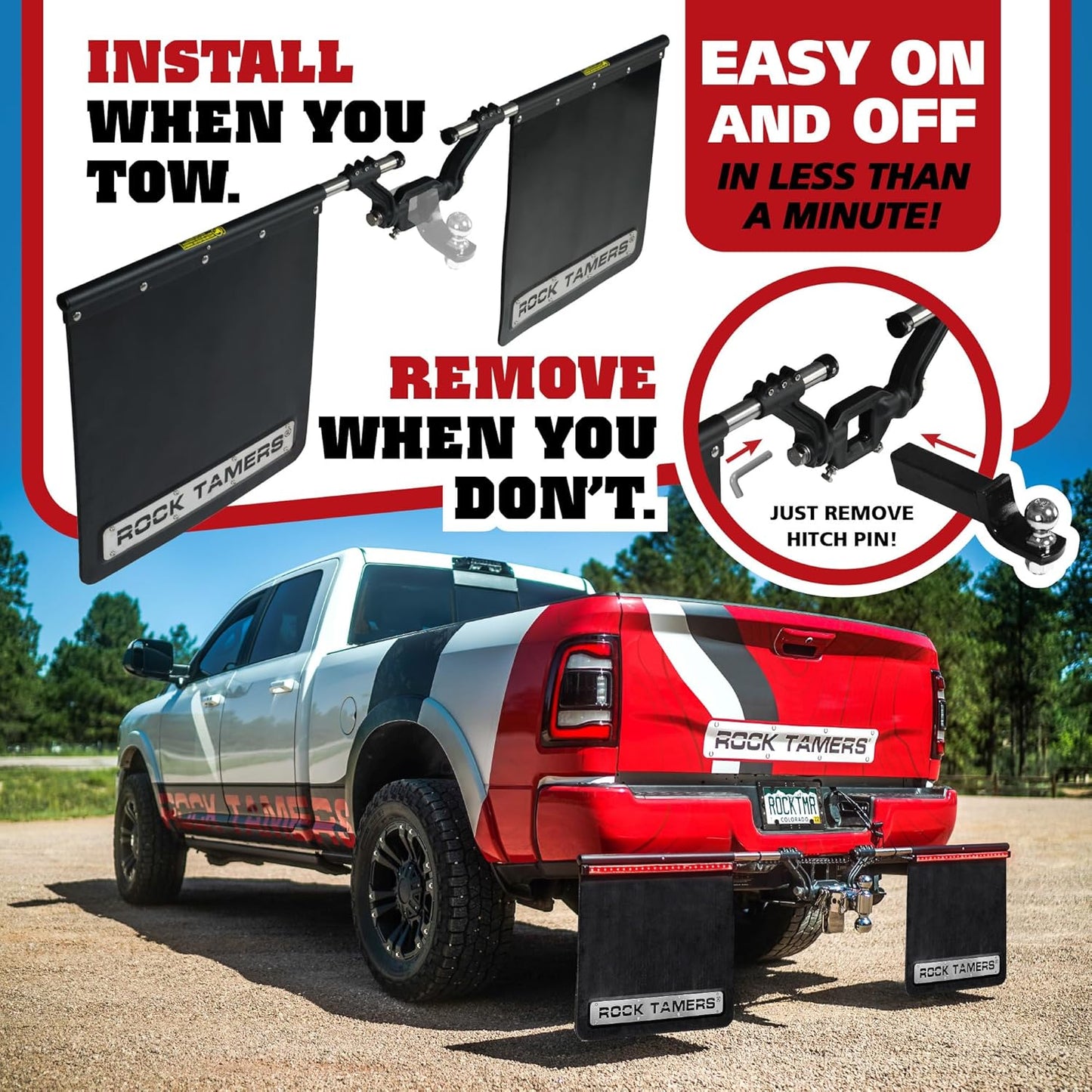 Rock Tamers 3" Official Mudflap System 00112 - 3" Hitch Receiver, Check Measurements - Hitch Mounted Mud Flaps to Protect What You Tow - Removeable and Adjustable - Black/Stainless Steel - 1 System