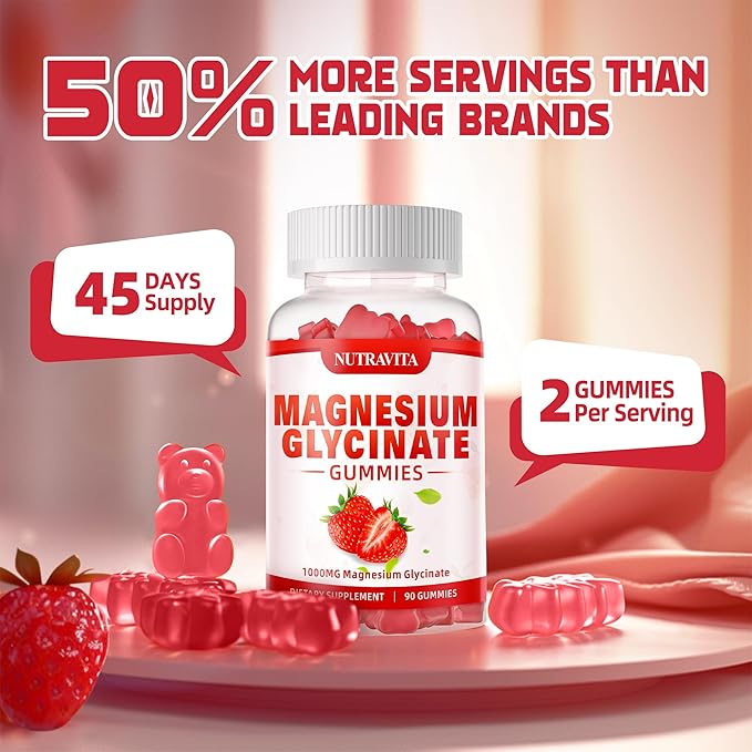 Magnesium Glycinate Gummies 1000mg with Magnesium L-Threonate,Chelated Magnesium Potassium Complex Supplement with VitD, B6, CoQ10, Calcium,Supports for Memory, Calm, Mood - 90 Gummies Strawberry