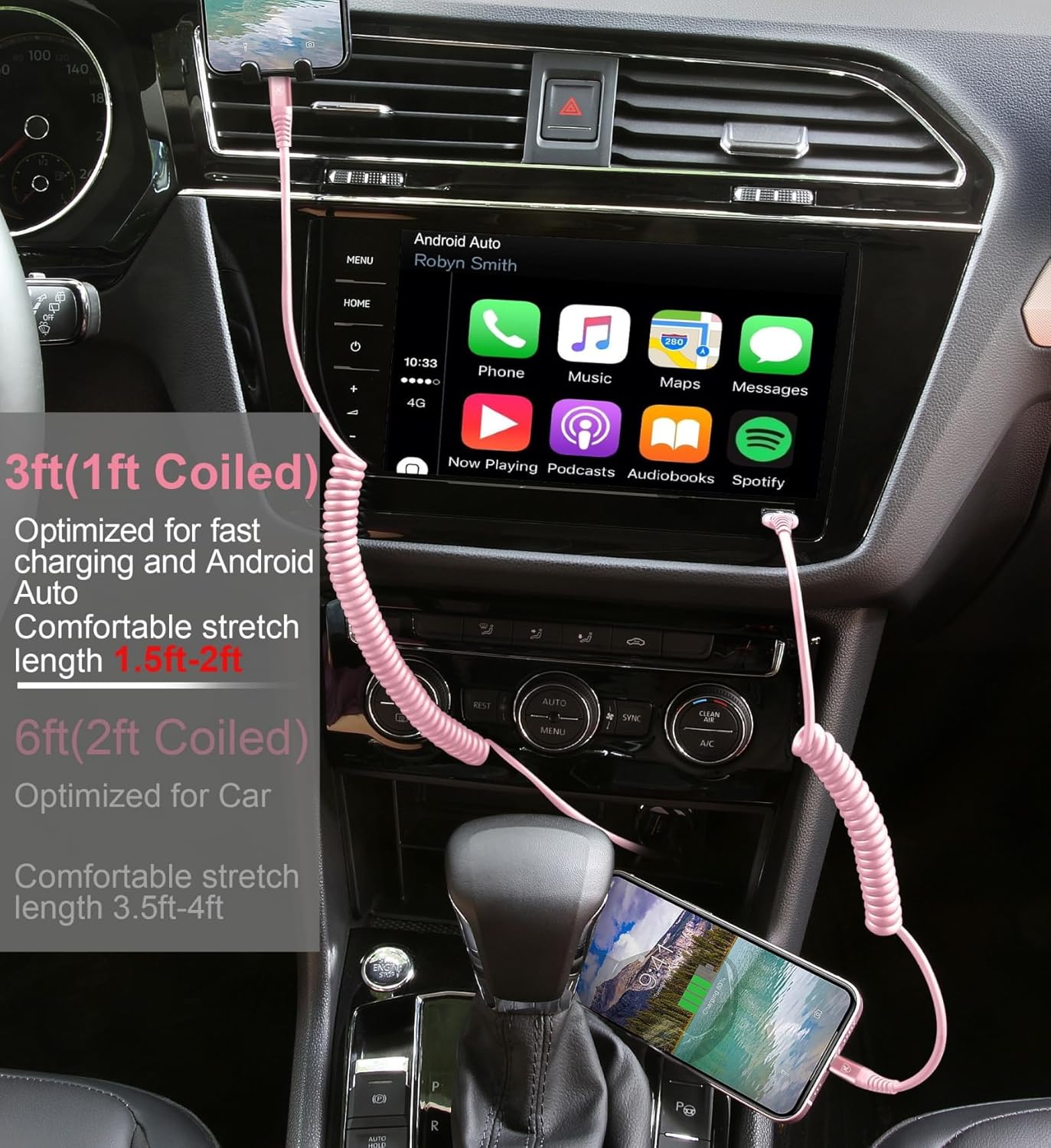 KIYODA USB C to Lightning Cable 3FTfor Car, Coiled iPhone Charger Fast Charging Short USBC Lightning iPhone Cord for iPhone14/13/12/11 Pro Max/iPad/CarPlay- 2Pack Pink