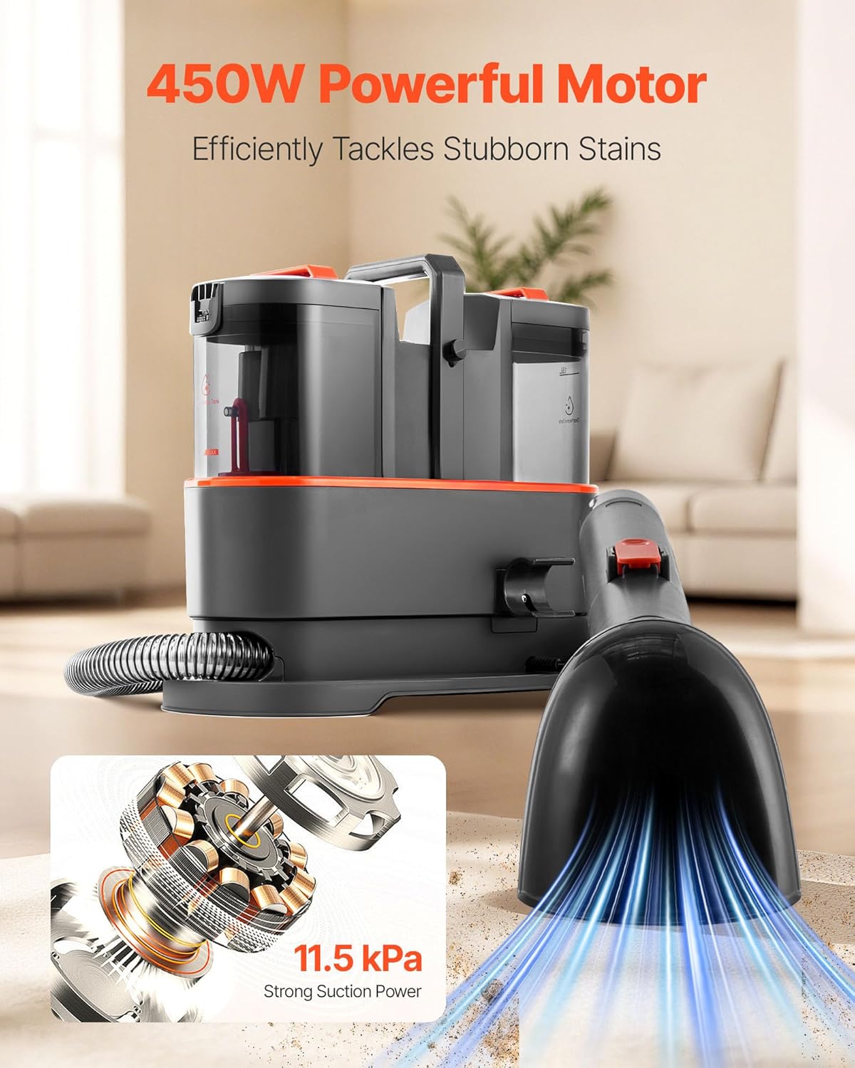 VEVOR Carpet Cleaner Machine, 50.72 oz Clean Water Tank & 27.05 oz Dirty Water Tank, Portable Upholstery Shampooer, 11.5Kpa Handheld Furniture Extractor, Spot and Stain Deep Cleaner for Rug Couch Car