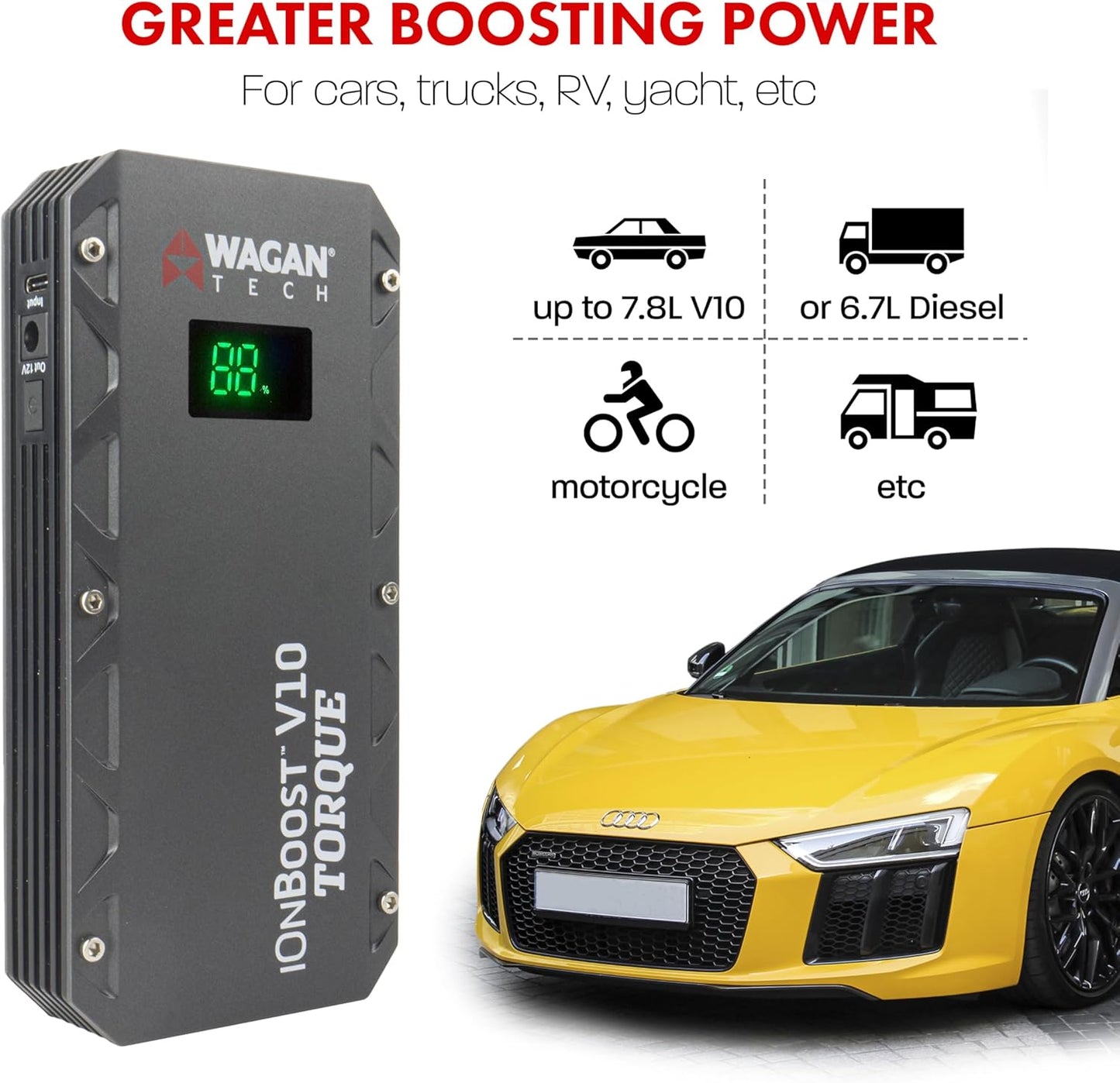 Wagan EL7507 Jump Starter iOnBoost V10 Torque 1000Amp Peak 12V Portable Lithium Car Battery Up to 7.8L V10 or 6.7L Diesel, 12V Jump Pack with Built-in LED Bright Light, UL Certified