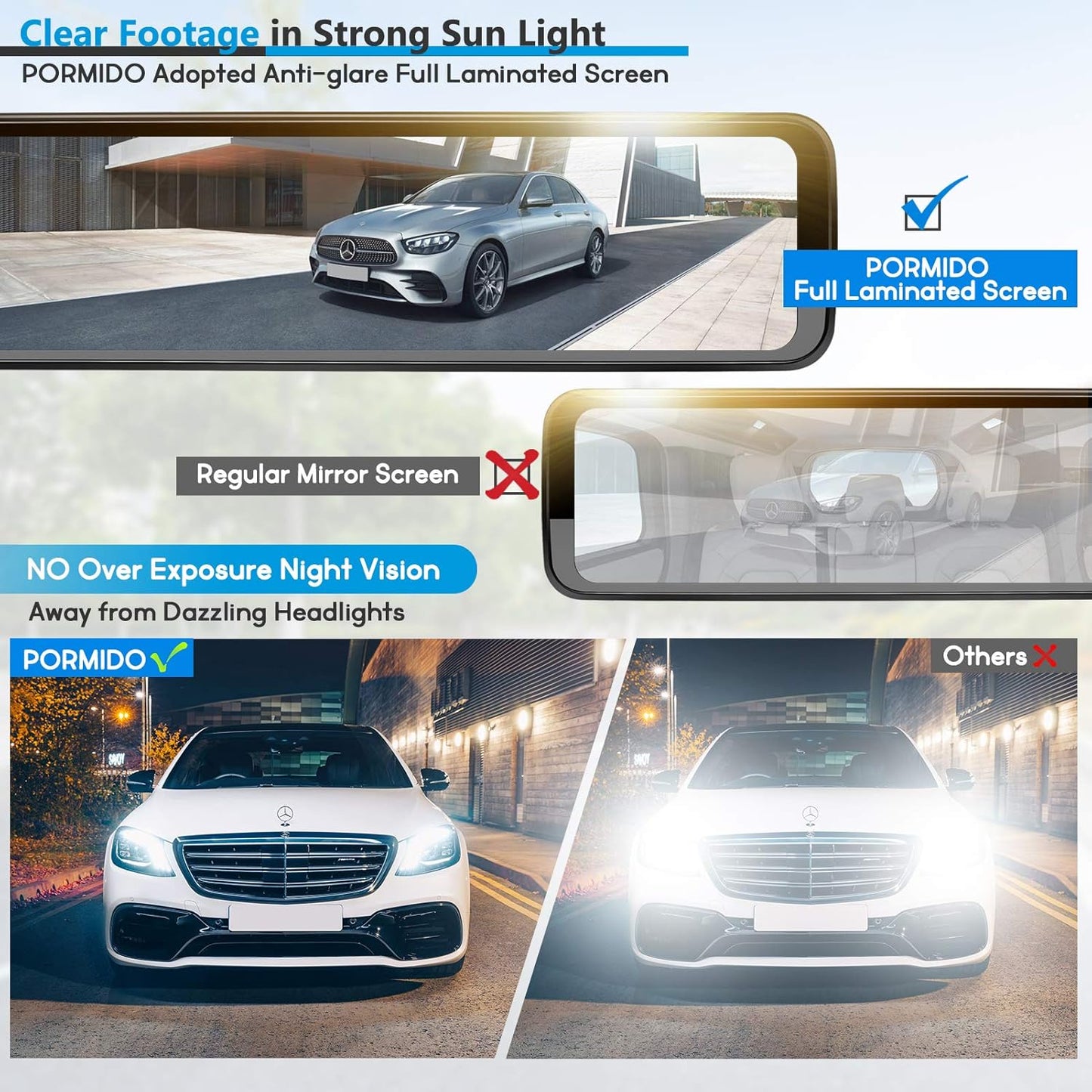 PORMIDO Triple Mirror Dash Cam 12" with Detached Front and in-Car Camera,Waterproof Backup Rear View Dashcam Anti Glare 1296P IPS Touch Screen with Sony Sensor,Starvis Night Vision,GPS,Parking Assist