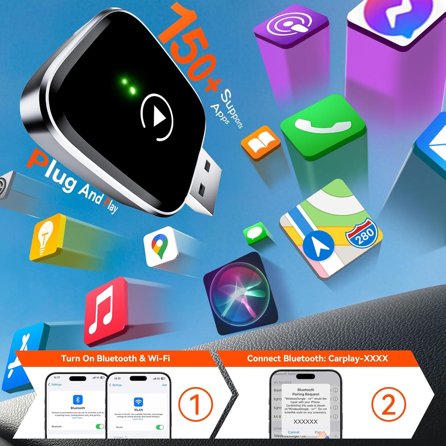 Redlake Wireless CarPlay Adapter for iPhone 2025 Wireless Apple CarPlay Adapter Mini Size with Cable USB & USB-C/Type-C Plug and Play Stable Connection and No Delay