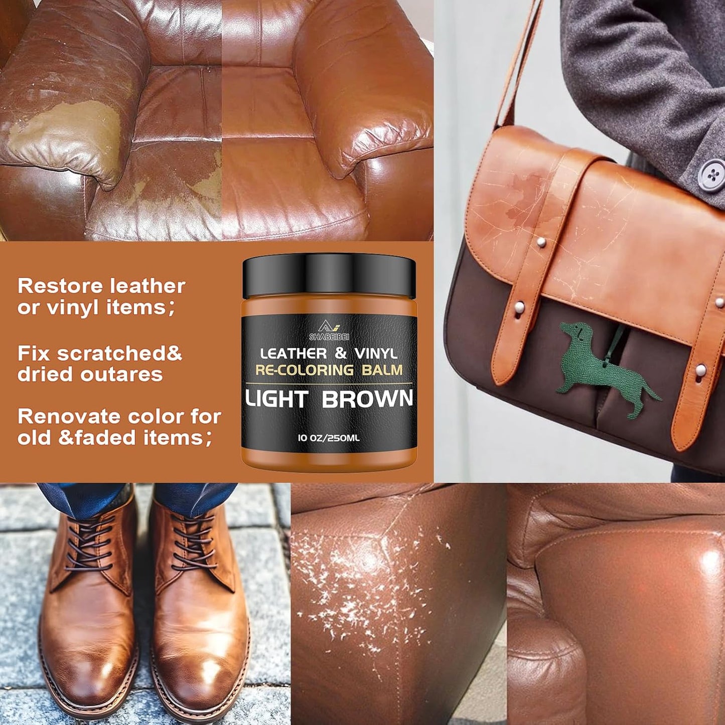 Leather Recoloring Balm,10oz Leather Color Restorer Leather Repair Kit for Furniture Car Leather Scratch Remover, Medium Brown Leather Color Restorer for Couches,Leather Dye Paint for Faded