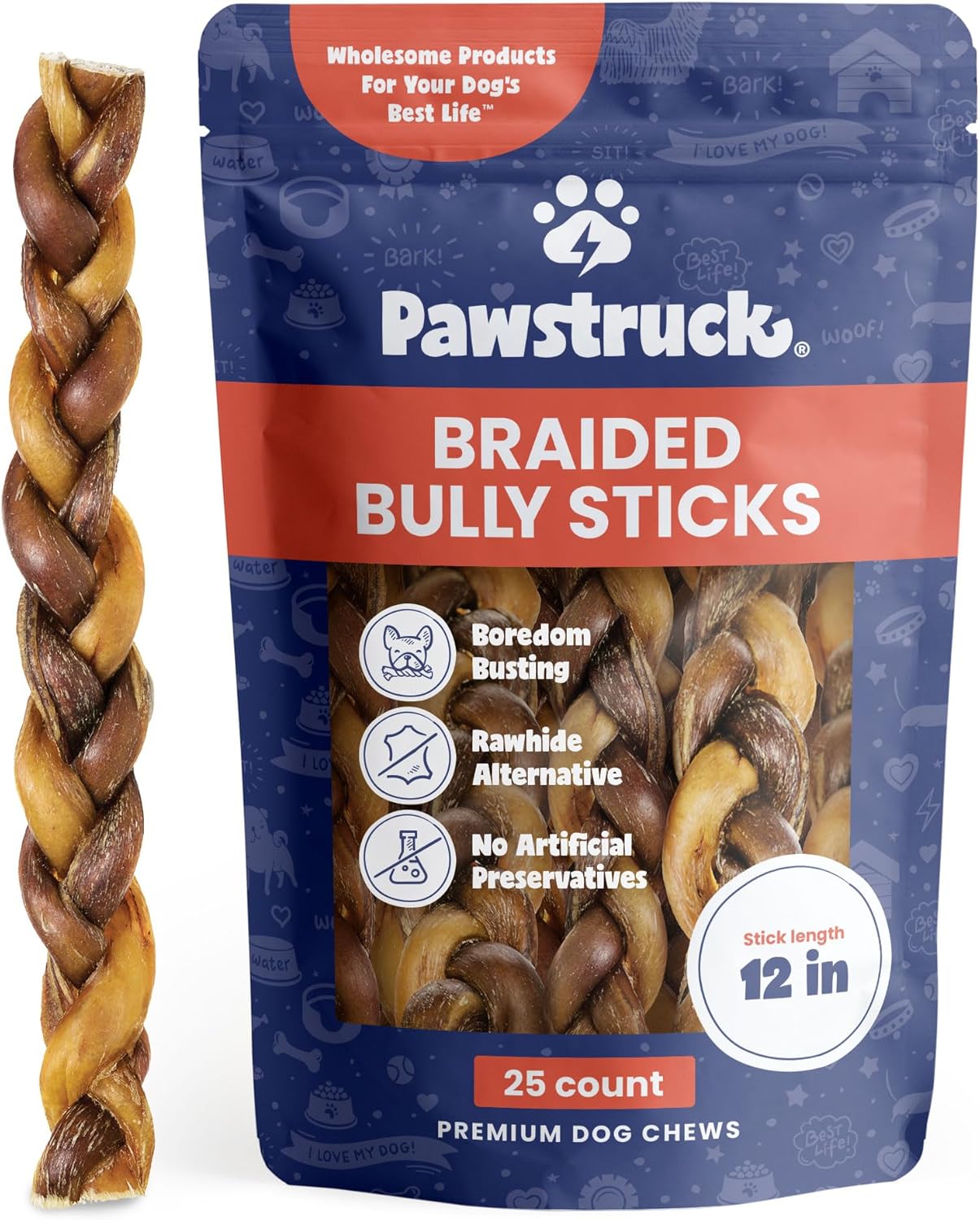 Pawstruck Natural 12” Braided Bully Sticks for Dogs - Tough, Long-Lasting, Rawhide-Free, Low Odor, Healthy Single Ingredient Chew Treat for Aggressive Chewers - 25 Count - Packaging May Vary
