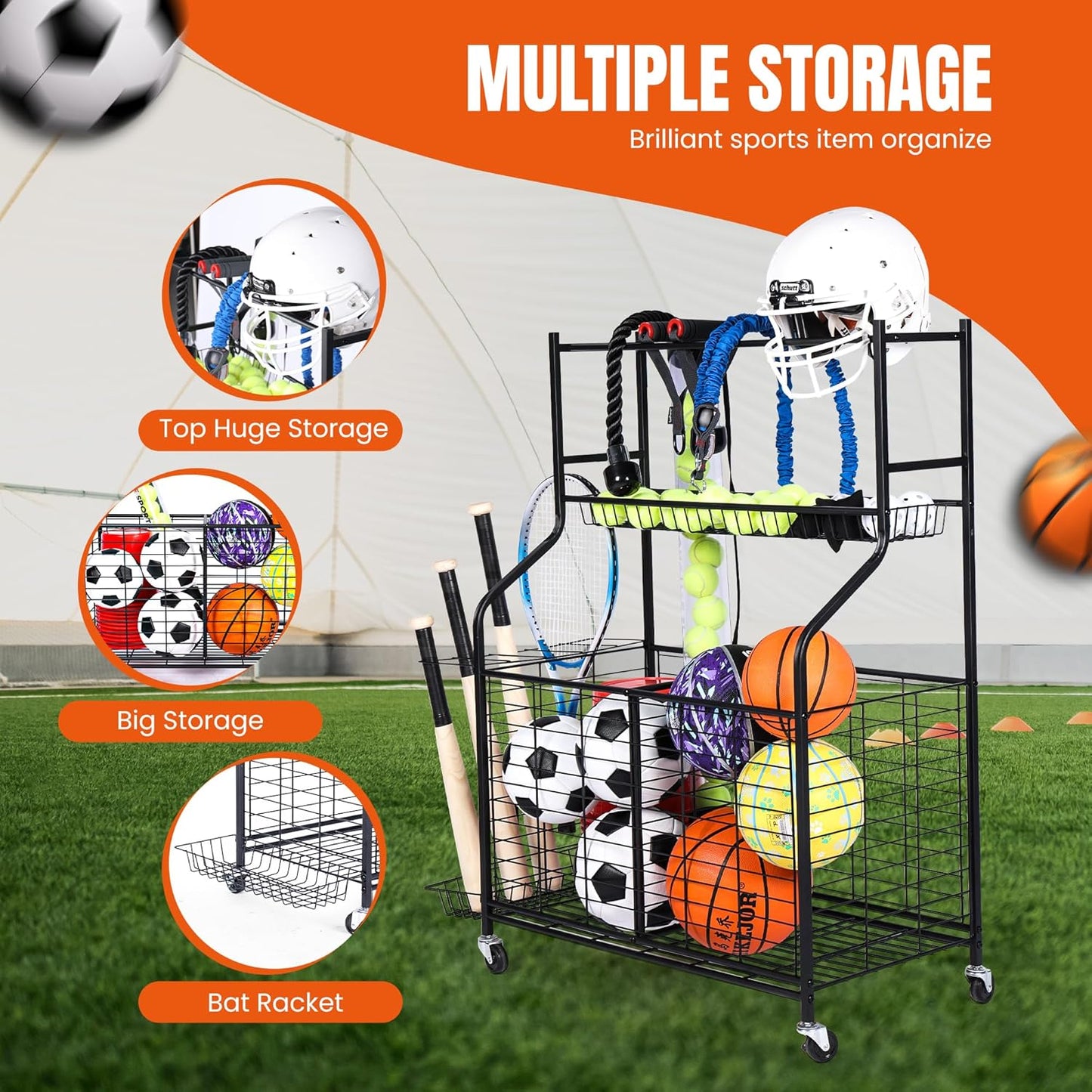 Sports Equipment Organizer - 29.6" W x 42.7" H - Rolling Garage Ball Storage Rack - Golf Bag Storage Stand & Other Sports Equipment & Toys - Indoor/Outdoor Stand - Removable Basket