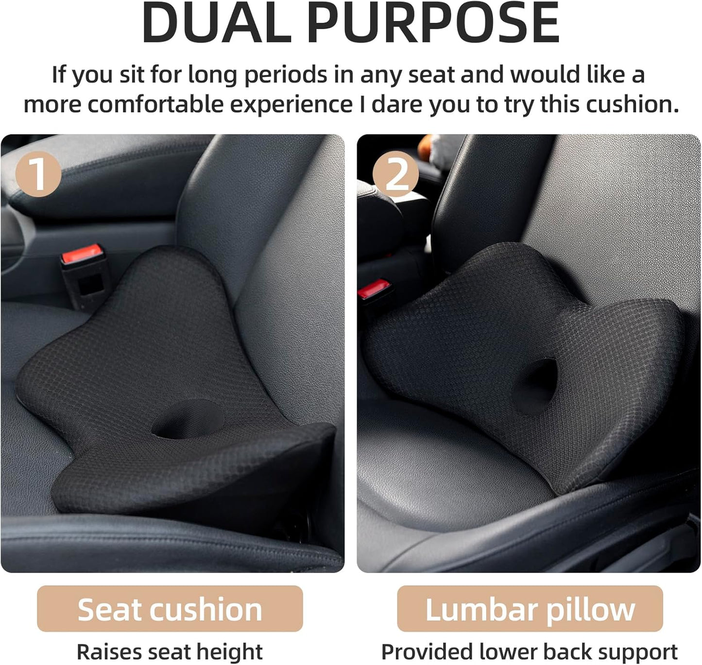 Lumbar Support Pillow for Car, 2 in 1 Memory Foam Lower Back Support Cushion, Fill Bucket Seat and Sciatica Pain Relief Pillow, Back Support Pillow for Car, Office Chair, Wheelchair.
