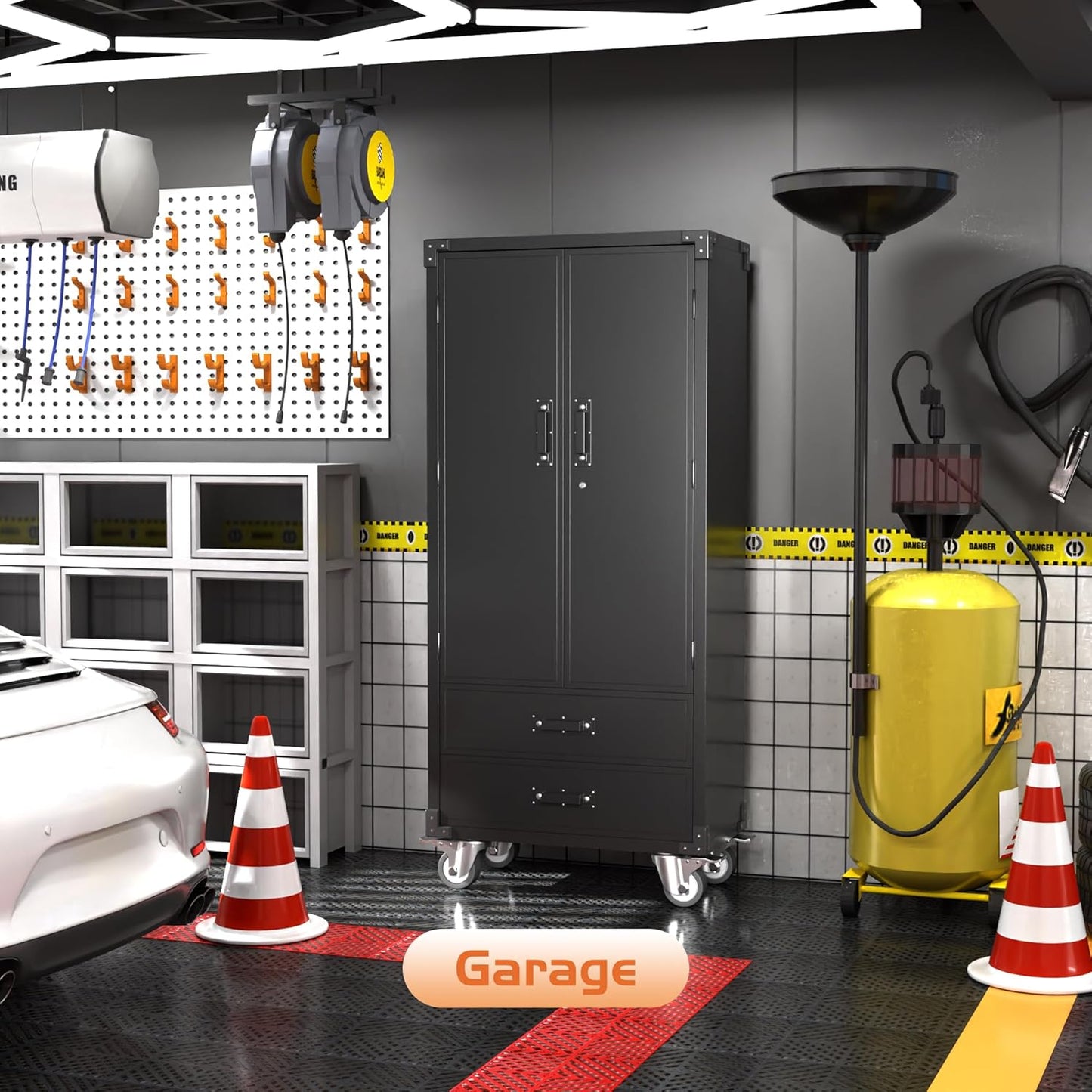 Rolling Storage Cabinet with 2 Doors and 2 Drawers, Heavy Duty Metal Storage Cabinet with Shelves, Locking Steel Cabinet for Warehouse, Home, Office (Black)