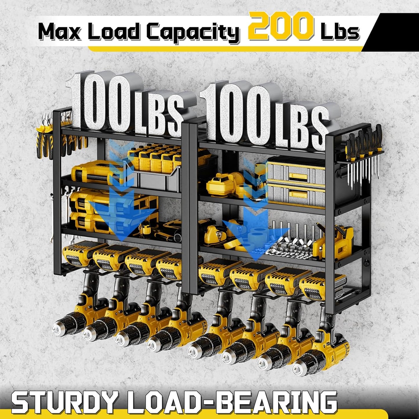 Large Power Tool Organizer Wall Mount, 8 Cordless Drill Holder, 4 Tier Metal Power Tool Shelf Battery Storage with 7 Hooks, Heavy Duty Utility Racks for Garage Workshop, Black