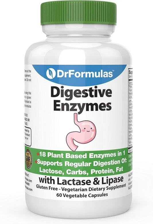 DrFormulas Digestive Enzymes for Bloating Relief, Gas, Lactose Intolerance, Digestion Support with Lactase, Amylase, Lipase, Bromelain, Protease, 60 Capsules
