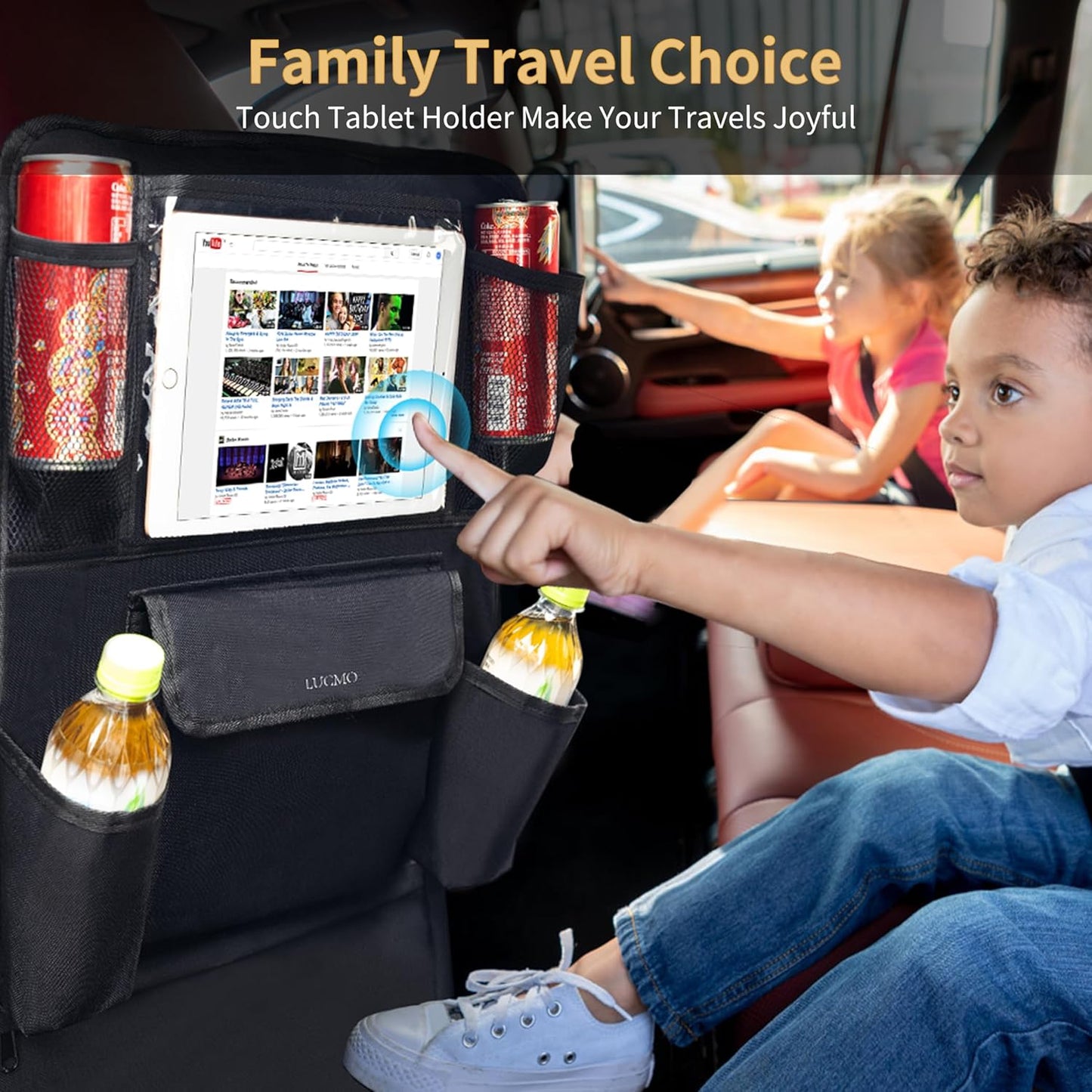 LUCMO Car Backseat Organizer with Touch Screen Tablet Holder,9 Storage Pockets Protectors Kick Mats Travel Accessories for Kids-Black