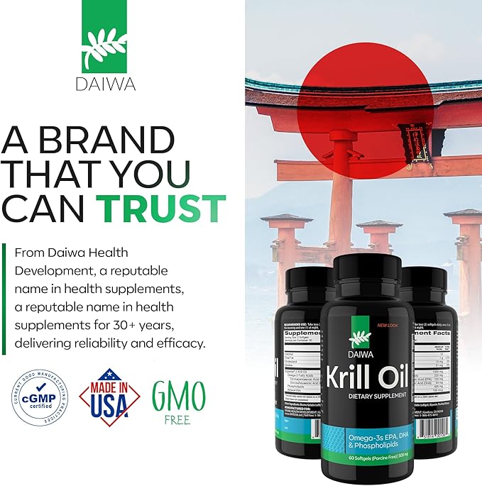 Daiwa Krill Oil 1000mg Softgels - EPA DHA Omega 3 Antarctic Krill Oil Supplement with Astaxanthin - Natural Solution for Joint, Brain Support and Heart Health - 60/ct