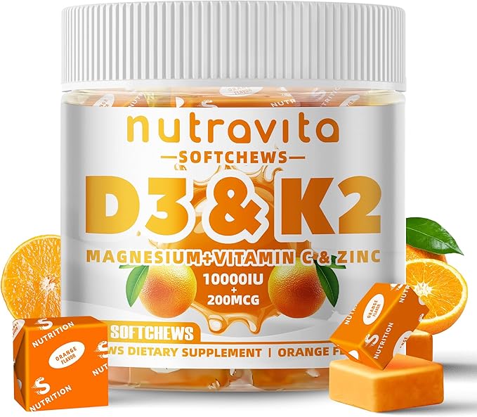 Sugar-Free Vitamin D3 K2 Chews with Calcium + K2 (MK-7), Magnesium Citrate, Vitamin C, Extra Strength - Ultimate Absorption for Bone Muscle Teeth Immune, Vegan - 60 Count-Orange Flavor
