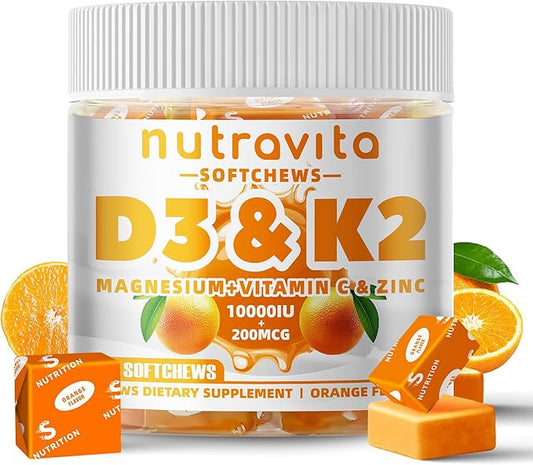 Sugar-Free Vitamin D3 K2 Chews with Calcium + K2 (MK-7), Magnesium Citrate, Vitamin C, Extra Strength - Ultimate Absorption for Bone Muscle Teeth Immune, Vegan - 60 Count-Orange Flavor