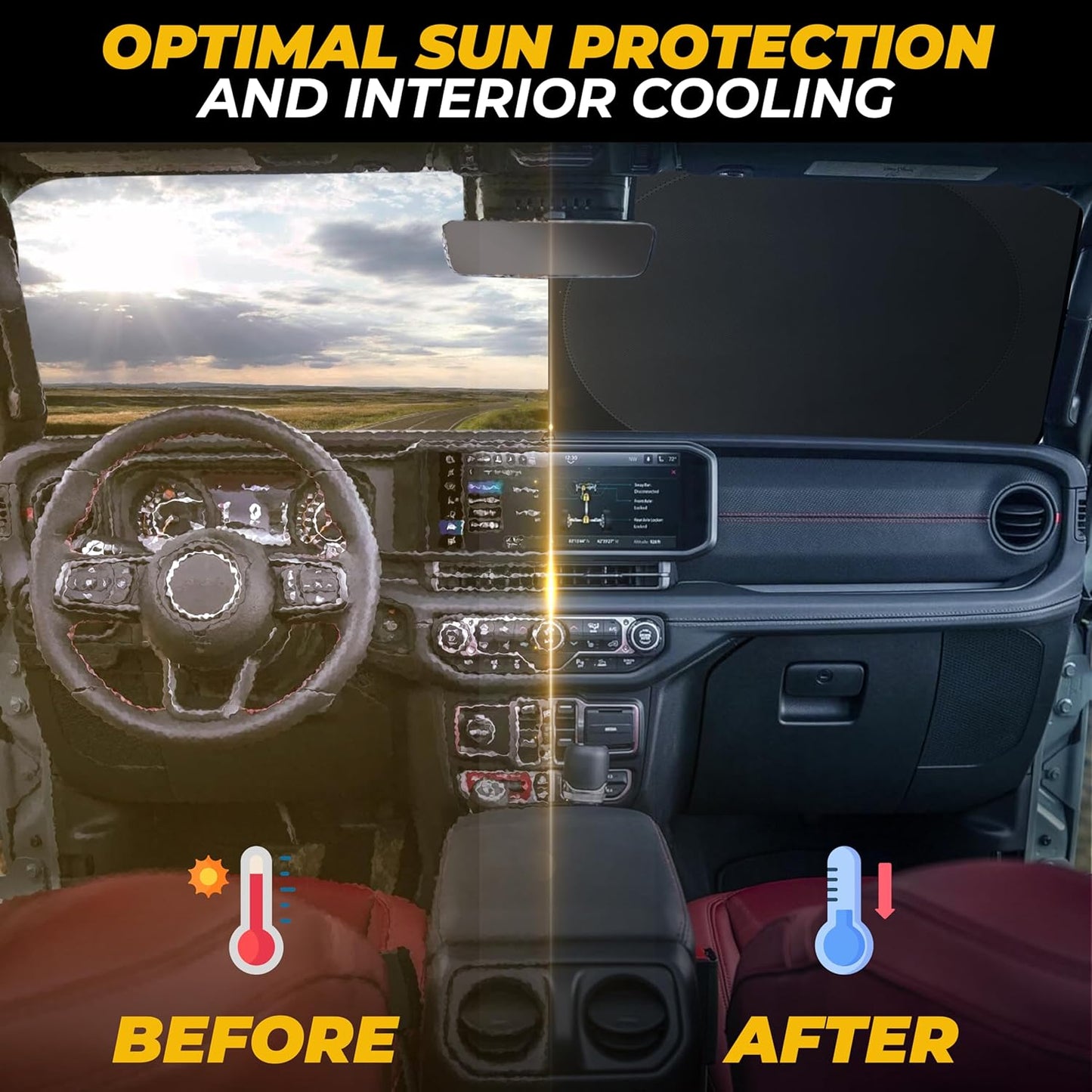 Jeep Windshield Sunshade | Protects Sun Visor from UV and Heat Protection | Fits for Wrangler, Gladiator, and Rubicon Models | Keeps Your Car Cool and Comfort | X-Small (60" x 21")