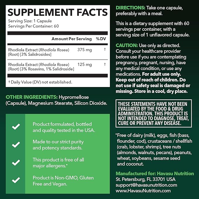 Rhodiola Rosea Supplement - Herbal Adaptogen for Mental and Physical Performance Support (3% Salidrosides, 3% Rosavins Extract) - 60 Count - Vegan, Non-GMO, and Gluten-Free Capsules - 2 Month Supply
