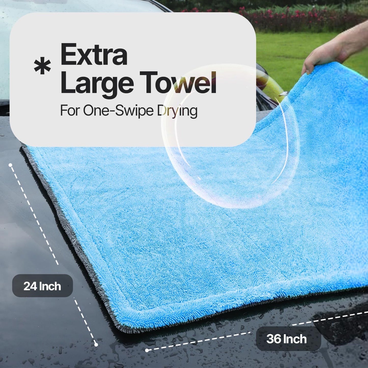 Microfiber towels for cars - 1300GSM X Large size Double twisted loop 2pcs - 70/30 Blend Quick Dry High absorbent Edgeless Streak free - Car drying towel for detailing 24x36″ & 12x12 (Grey+ Aqua Blue)