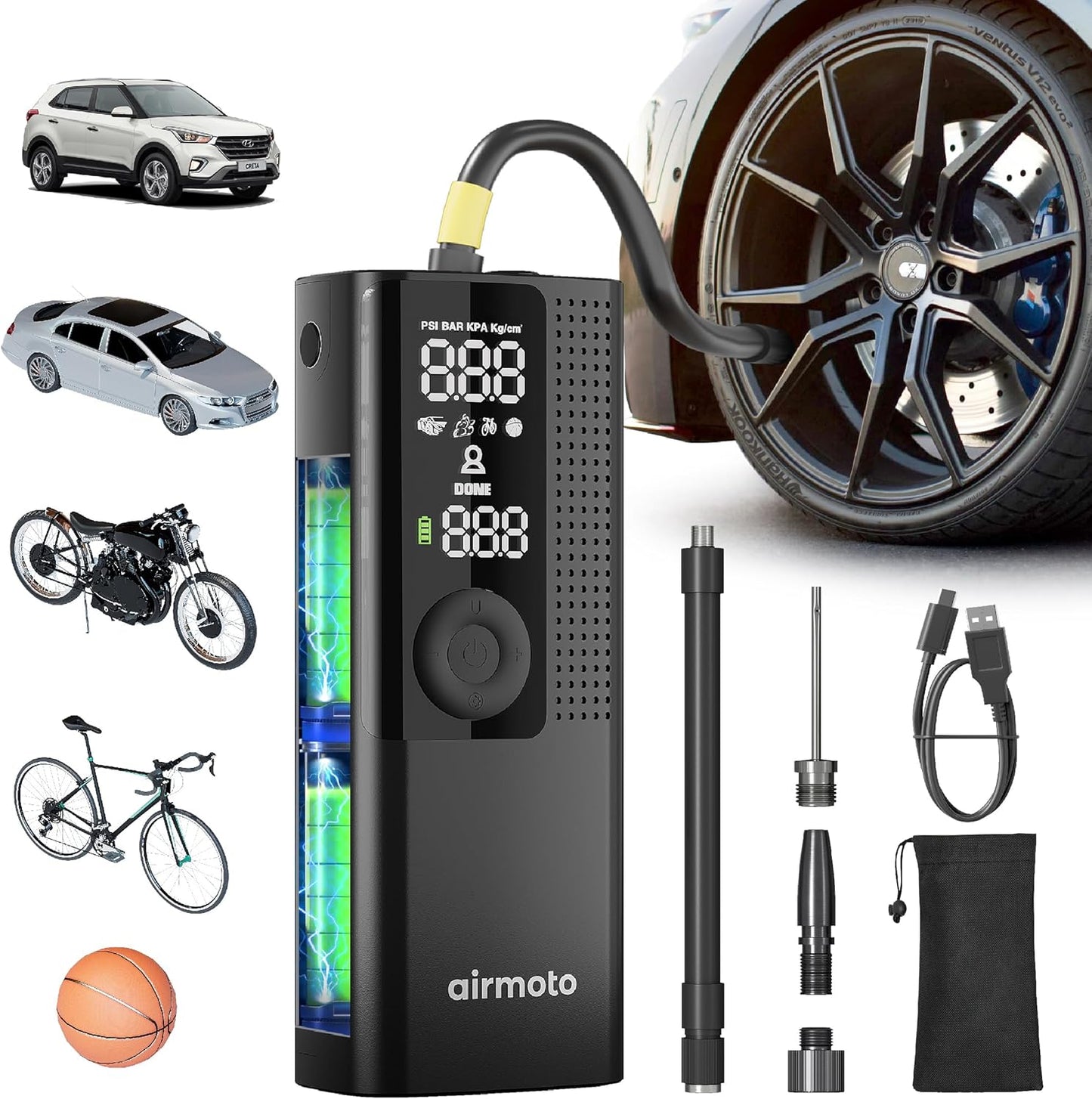 Airmoto Tire Inflator Portable Air Compressor - Air Pump For Car Tires with Digital Pressure Gauge, LED Light and Auto Shut-Off Function - Cordless Pump for Car, Motorcycle, Bicycle, Balls and More