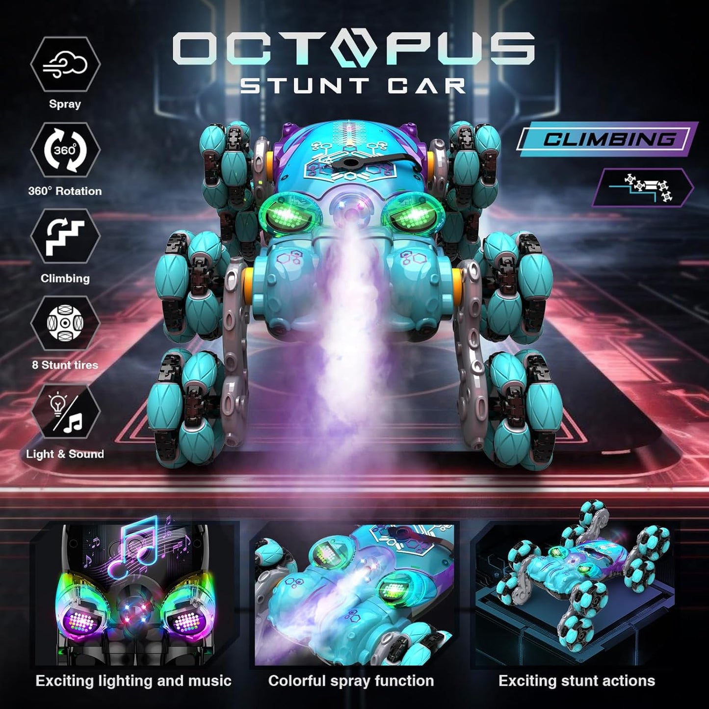 8WD Gesture Sensing RC Stunt Car, Boys Toys with Spray & Light, Hand Controlled RC Car Toys Gift for Kids Boys Age 8-12