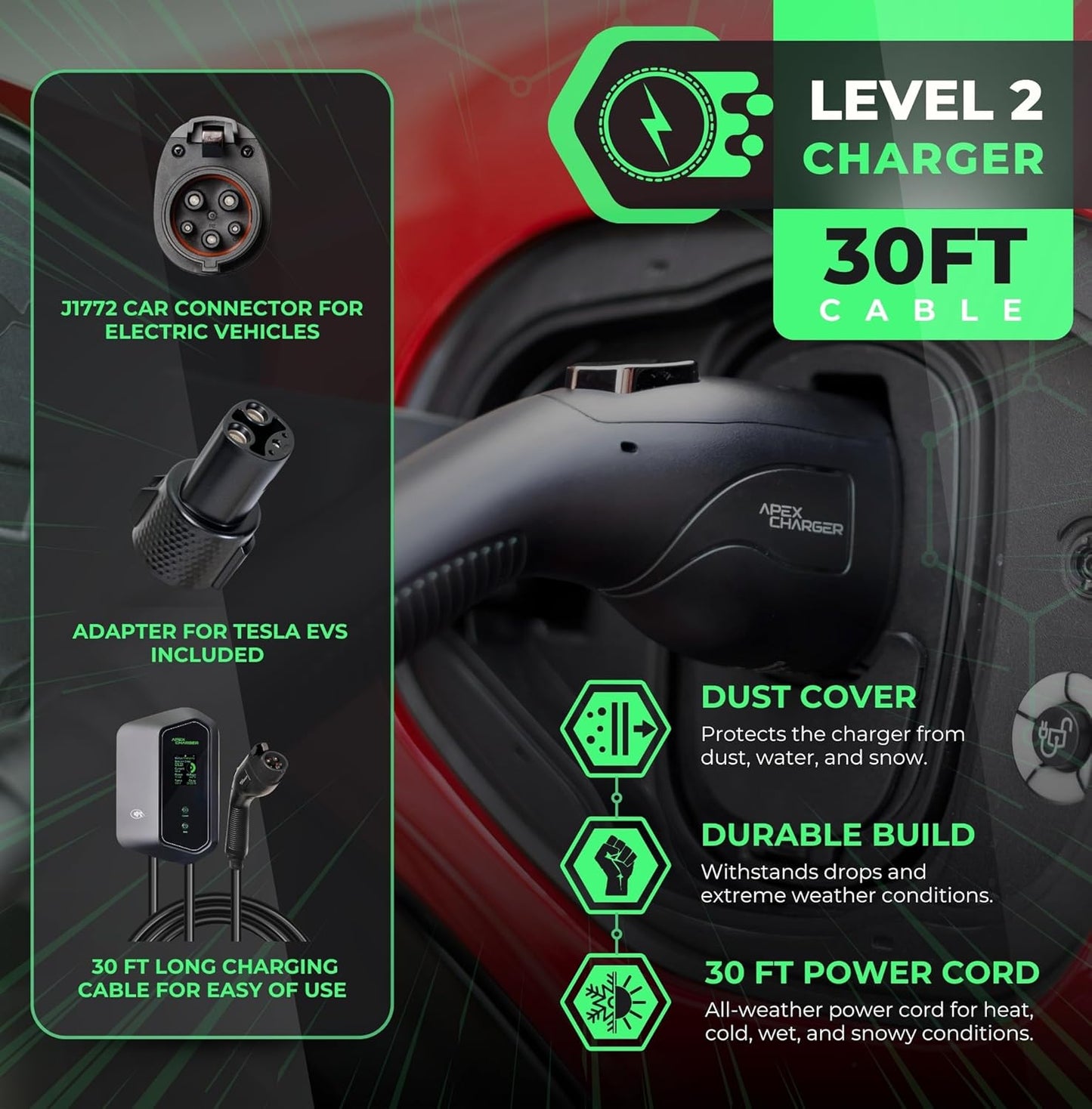 MACH 1: Fast 48 Amp Level 2 EV Charger, Wall-Mount Electric Vehicle Charging Station, 200-240V Hardwire or NEMA 14-50. J1772 car Connector & Tesla NACS, Indoor/Outdoor, 30ft Cable evse Adapter