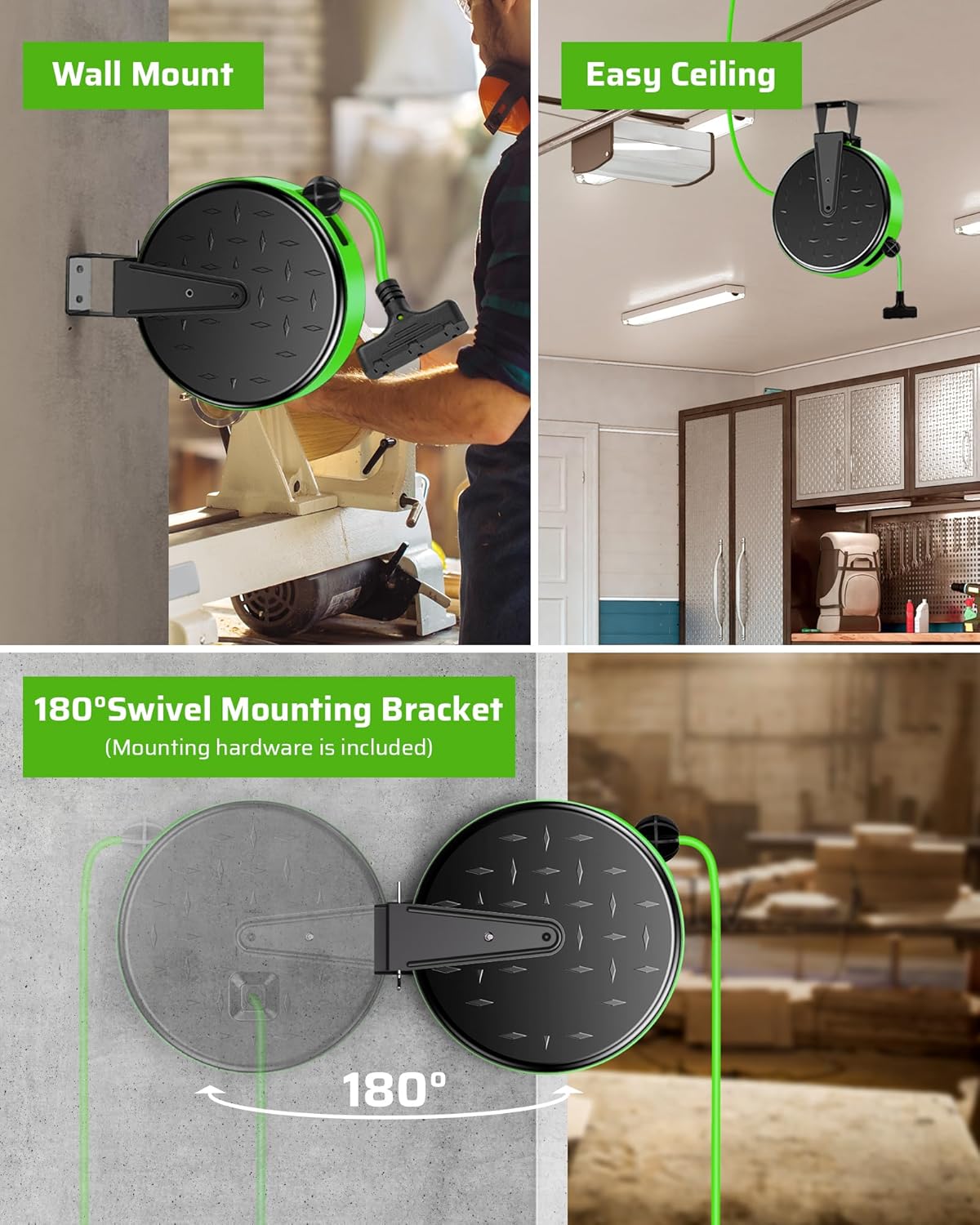 DEWENWILS 30FT Extension Cord Reel, 16/3 Gauge SJTW Power Cord, Retractable Cord Reel with 3 Outlets, Ceiling/Wall Mount for Garage, Workshop, 10A Circuit Breaker, Metal Plate, UL Listed, Green