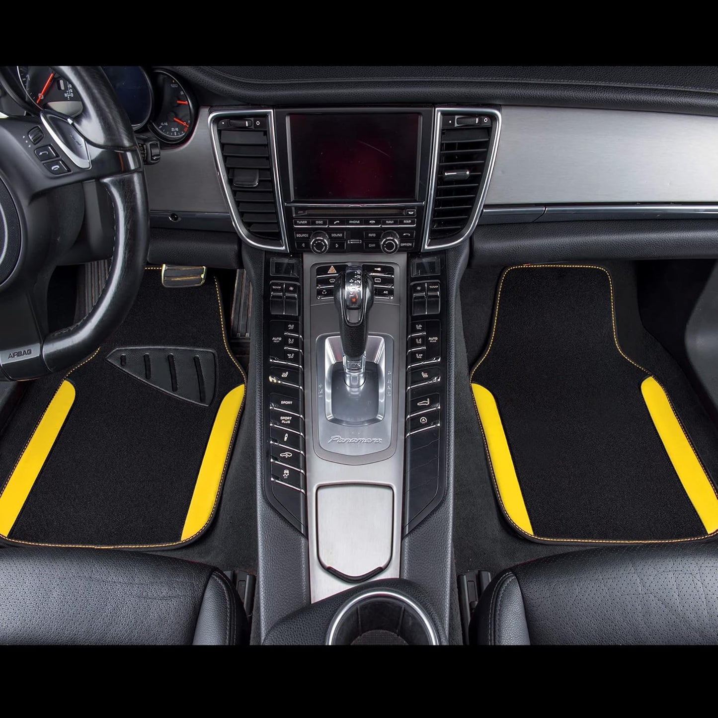 CAR PASS Waterproof Universal Fit Car Floor Mats, Car Mats Fit for SUV,Vans,sedans, Trucks,Set of 4pcs Car Carpet with Driver Heel Pad (Black and Yellow)