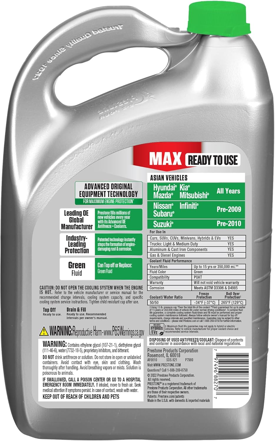 Prestone AF6610 MAX Asian Vehicles (Green) Anti-Freeze and Coolant, 1 Gallon, Pack of 6