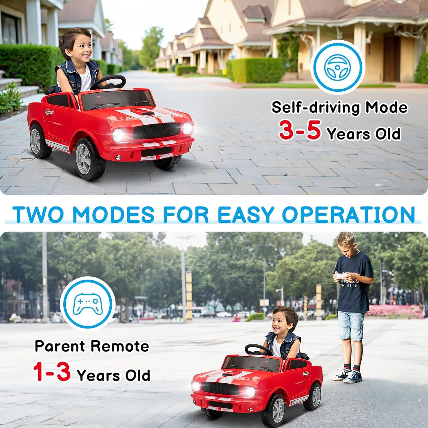 Winado Licensed Shelby Electric Car for Kids, Battery Powered Ride On Toy for Toddlers with Remote Control, Upgrade Display Panel, Bluetooth, Shock Absorbers, Safety Belt, 3 Speeds, LED Lights - Red