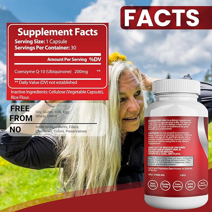 CoQ10 200mg Capsules for Heart Health - High-Absorption Nutritional Supplements - Cruelty-Free, Unflavored, & Gluten-Free - 30 Capsules per Bottle