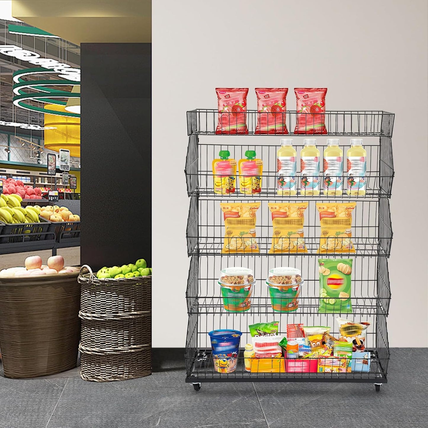 Retail Display Rack 5-Tier Market Merchandise Display Shelf Fruit Store Storage Shelf Vegetable Snack Basket Retail Store Supplies with Wheels for Home Store Market (18" D X 35" W X 55" H)