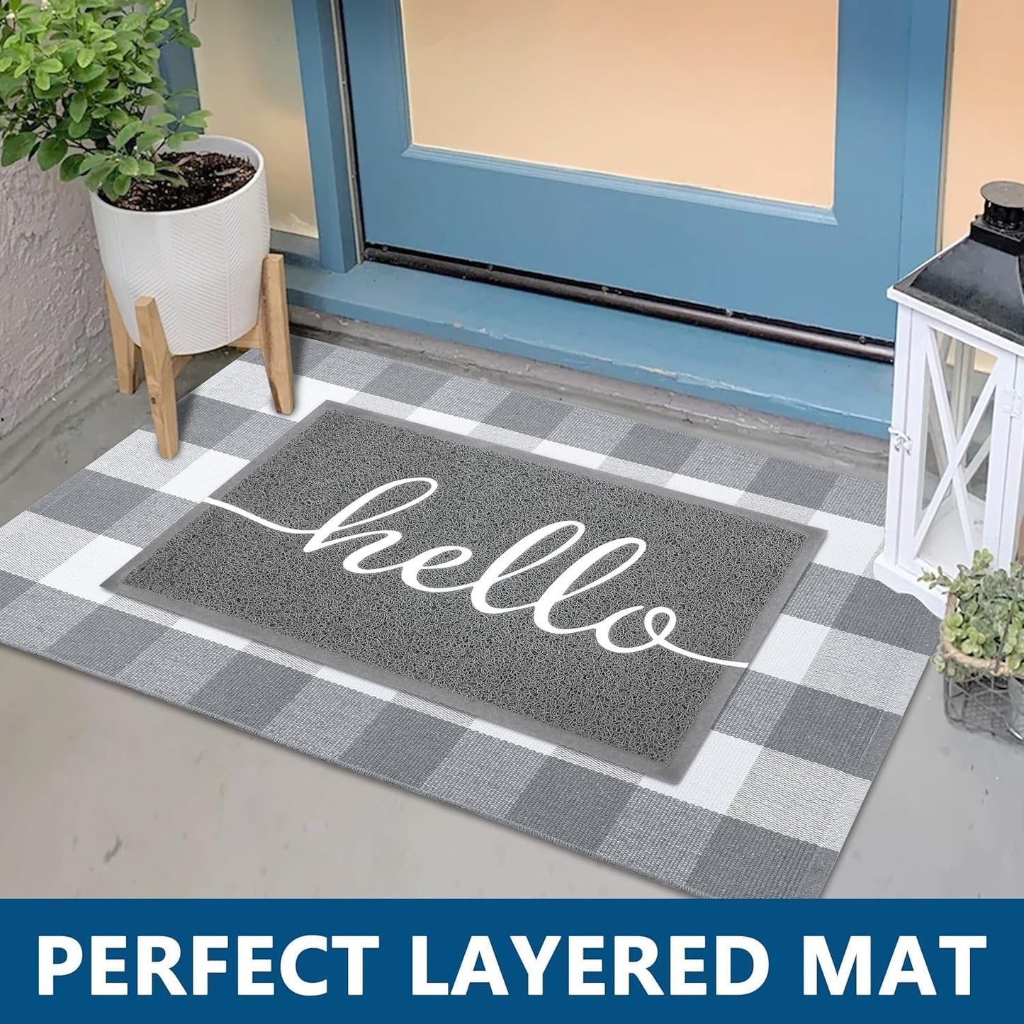 EARTHALL Door Mat Outside Inside Hello Doormat, 30"x17.5", Durable Floor Mat Non Slip Mat Ultra Absorb Mud Easy Clean Front Doormat for Garage, Entryway, Patio, High Traffic Areas, Grey