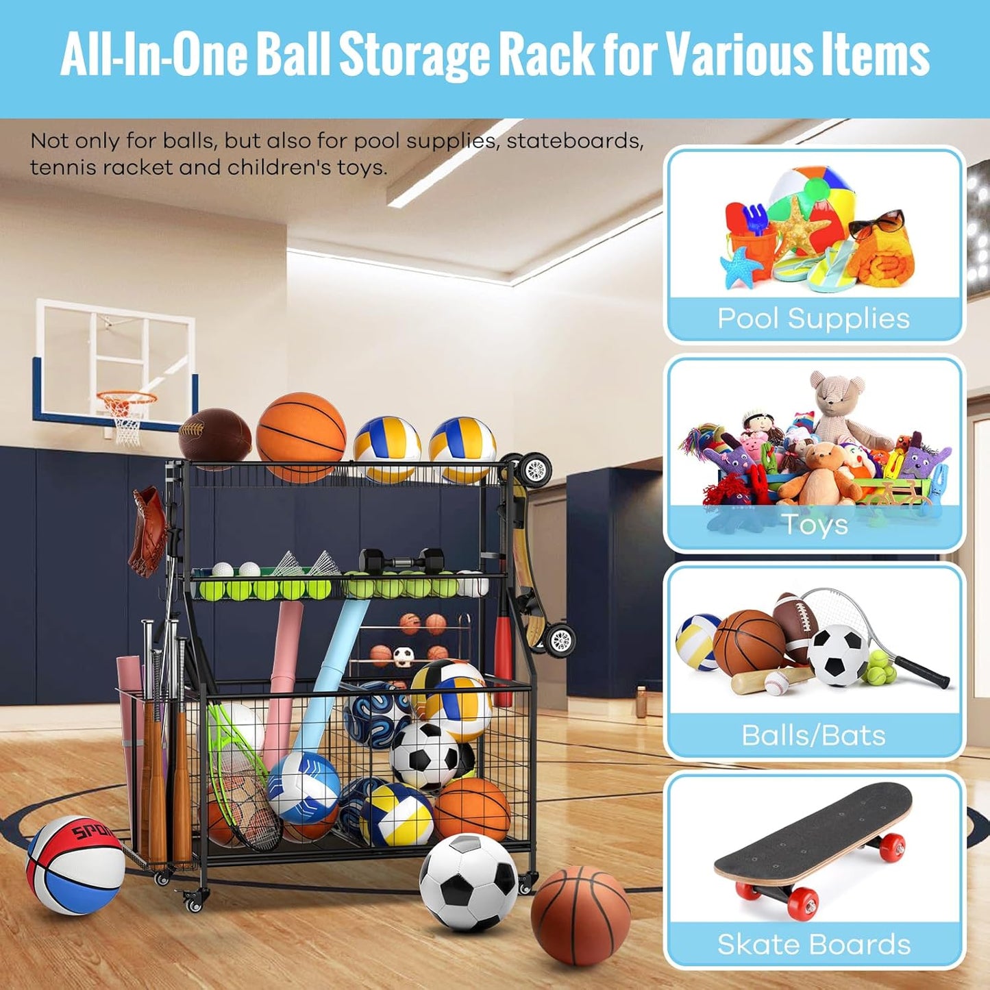 WUC Sports Equipment Organizer - Garage Ball Storage Rack with Basket, Hooks and Rolling Cart for Toy Sports Gear Storage, Black