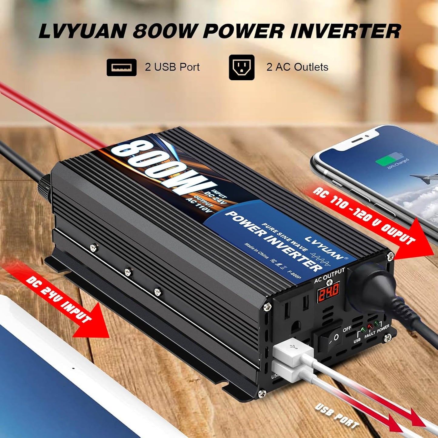 LVYUAN 800 Watt Pure Sine Wave Power Inverter 24V to 110V/120V DC to AC Converter with Dual Sockets, Dual USB Ports, LED Display for Home Outdoor RV Car Power Inverter Power Adapter
