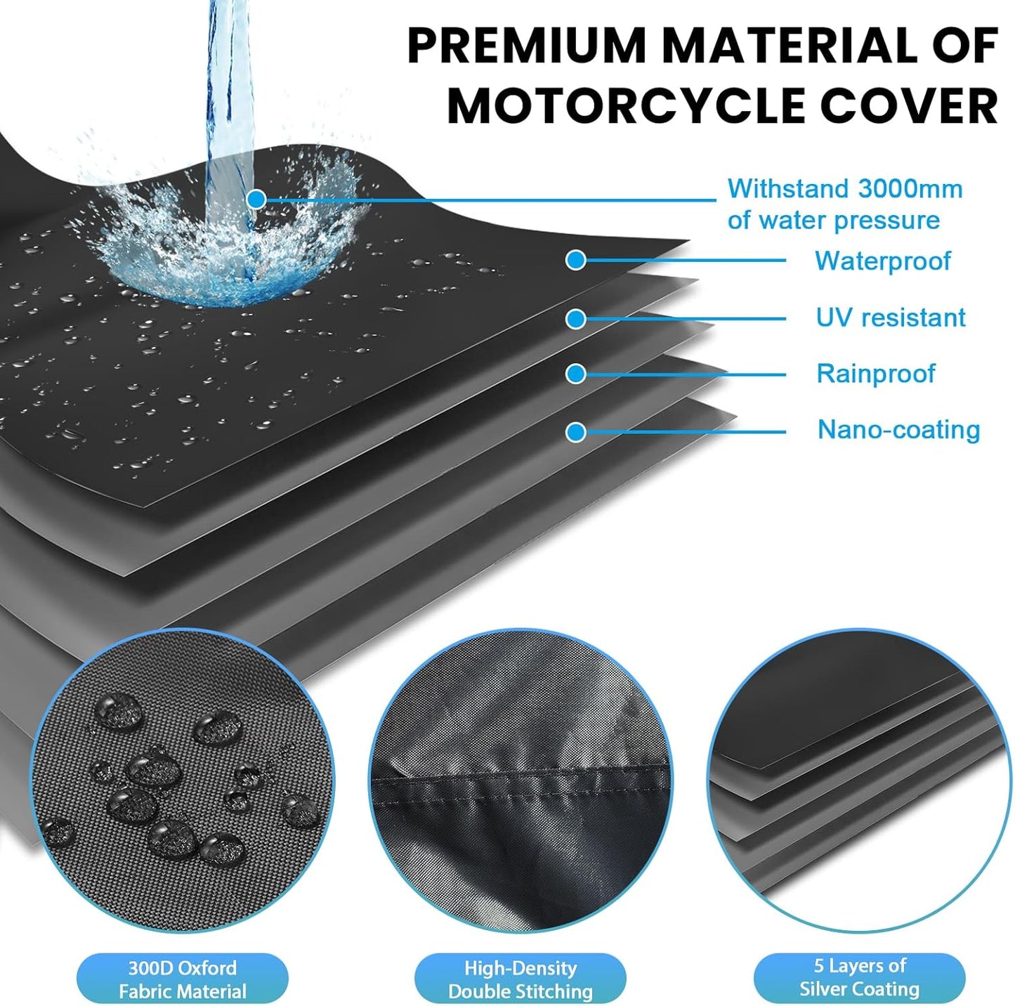 Motorbike Cover for Outside Storage, 300D Oxford Waterproof Motorcycle Scooter Moped Cover Outdoor with 5 Reflective Strips and 2 Windproof Buckles, 2 Lock-Holes and 1 Storage Bag (2XL: 94x35x49 inch)