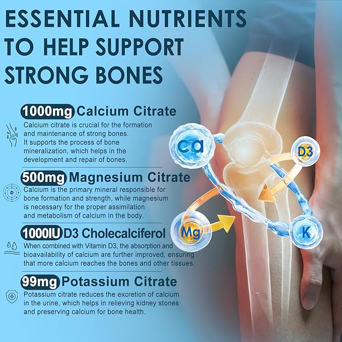 Calcium Citrate 1000mg, Calcium Gummies with Calcium & Magnesium 2:1 Ratio, Plus Vitamin D3, Zinc, B6 & Potassium – High Absorbable Calcium Chewable, Bone & Muscle Support, Vegan, Sugar-Free, 60Cts