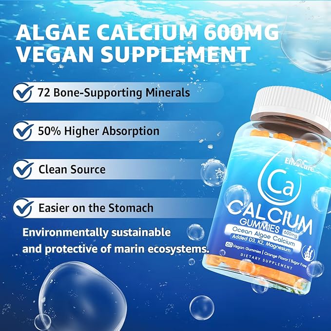 Calcium Gummies 600mg - Calcium Supplement for Women, Ocean Algae Calcium | Vitamin D3, K2, Magnesium | for Bone Strength, Muscle & Immnue | Sustainably Sourced Algae Calcium, 70+ Mineral, 1PACK