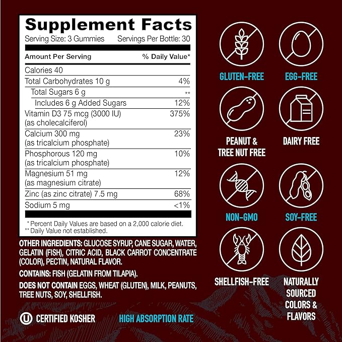 Calcium Magnesium Zinc Gummies with Vitamin D3 – Calcium Magnesium Zinc D3 Supplement Gummies Supports Bone Strength & Immune Support – Tasty Kosher Gummy Vitamins – 90 Count