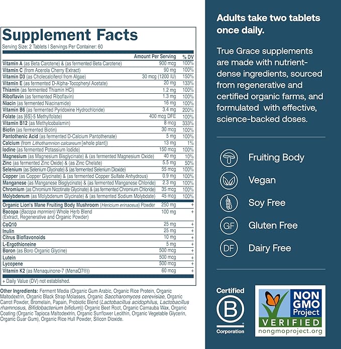 True Grace Daily Men’s Multivitamin 50+ - 120 Easy-to-Swallow Tablets - Immune, Energy, Longevity & Memory Support - Gluten Free, Soy Free, Vegan - 60 Servings