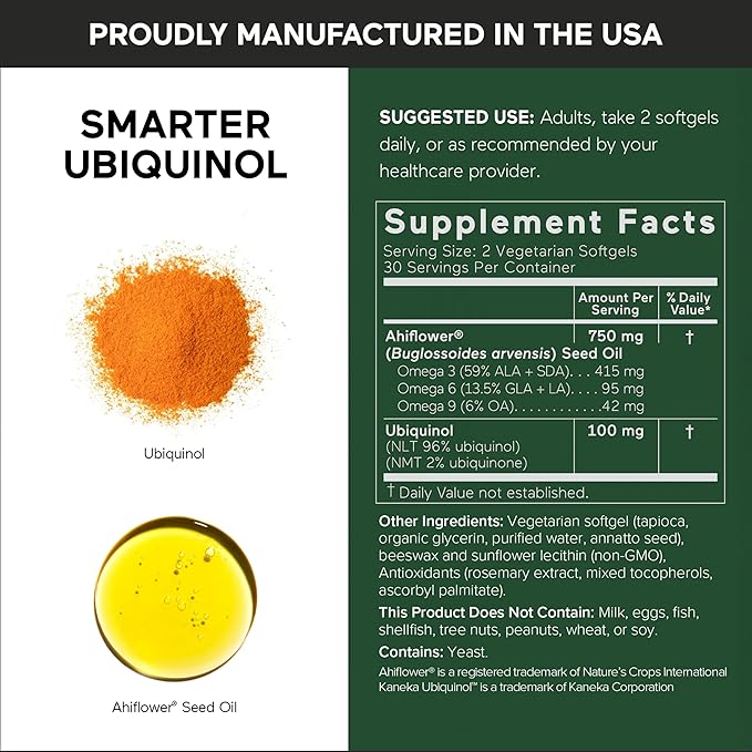 SMARTERNUTRITION Ubiquinol 100mg + Natural Plant-Based Complete Omega 3 6 9 - Clinically Studied Ahiflower® Oil - Ultra Absorption CoQ10 for Heart Support - Non-GMO - 60 Softgels[30-Day Supply]
