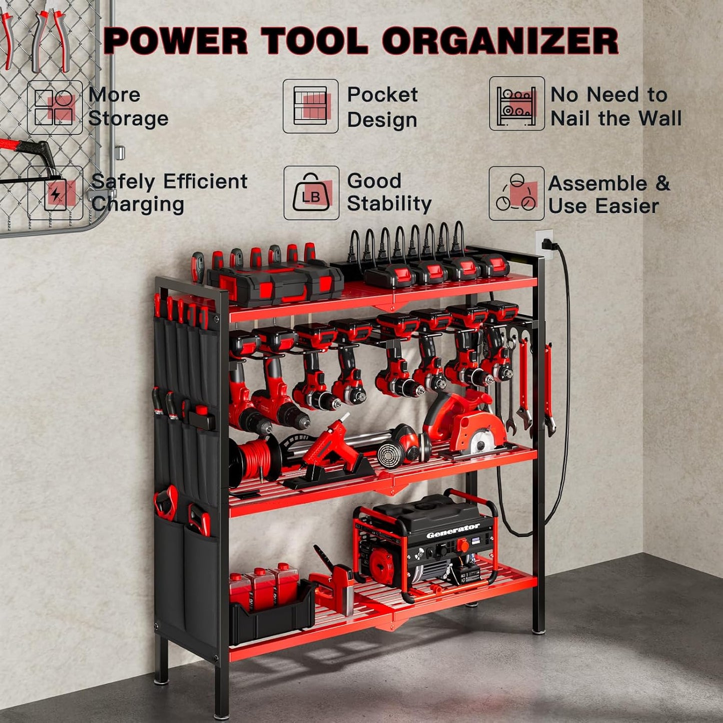 Large Power Tool Organizer Cart with Charging Station 8 Drill Holder Garage Storage Standing Heavy Duty and Stability Storage Rack Utility Tool Shelf (Red)