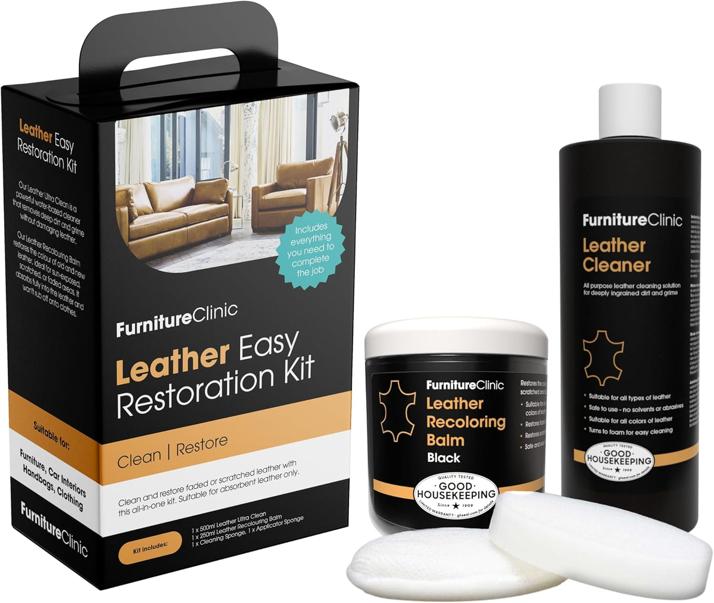 Furniture Clinic Leather Easy Restoration Kit | with Leather Recoloring Balm, Cleaner, Sponge, and Cloth | Leather Repair Kit for Scratched and Faded Furniture (Black)