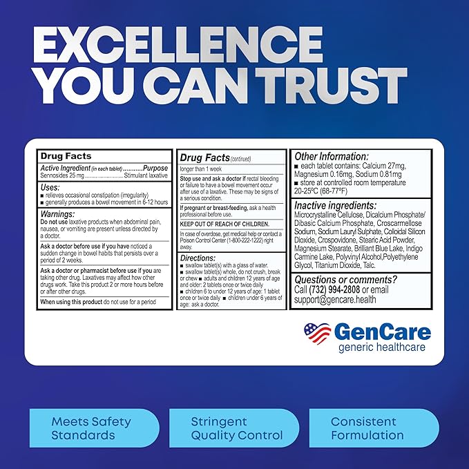GenCare - Maximum Strength Senna Laxative 25mg (100 Tablets) - Gentle Constipation Relief Sennosides USP Stimulant Laxatives Digestion Pills - Natural Overnight Relief while You Sleep - Generic Ex Lax
