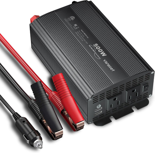 500W Pure Sine Wave Power Inverter, DC 12V to 110V AC Car Plug Inverter Adapter with 4.2A Dual USB Charging Ports and 2 AC Outlets Car Charger (Black)