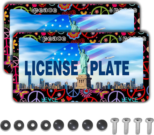 Car License Plate Frame Multicolor License Plate Frames Hippies Peace Flower Aluminum Metal Car Accessory 2 Pack with Screw Covers Set