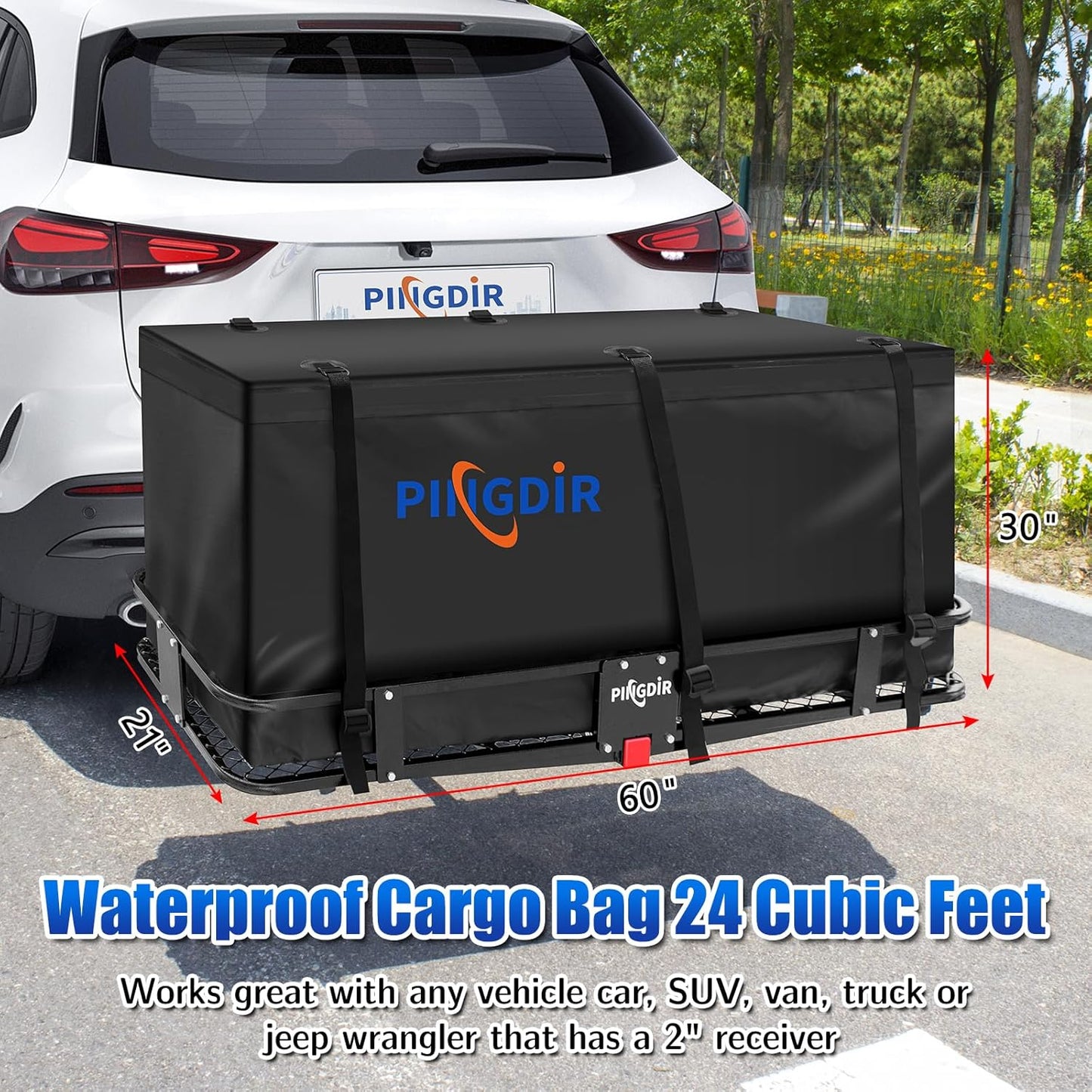 Folding Hitch Mount Cargo Carrier Hitch Rack Basket 60"*21.5"*6" Hauling Weight Capacity of 500 Lbs, Waterproof Cargo Bag 58" 19" 24", with Hitch Stabilizer,Cargo Net and Ratchet Straps