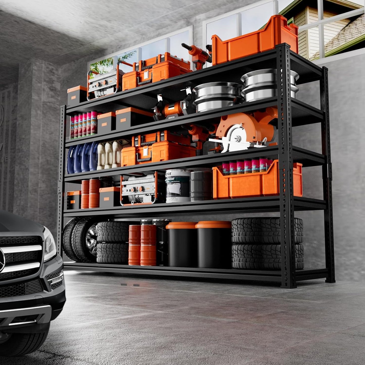 Storage Shelves Heavy Duty, 60" L x 24" W x 78" H Garage Storage Shelves Unit Loads 3700LBS, 5-Tier Adjustable Metal Industrial Utility Shelf Rack for Kitchen, Laundry Room, Warehouse, Basement