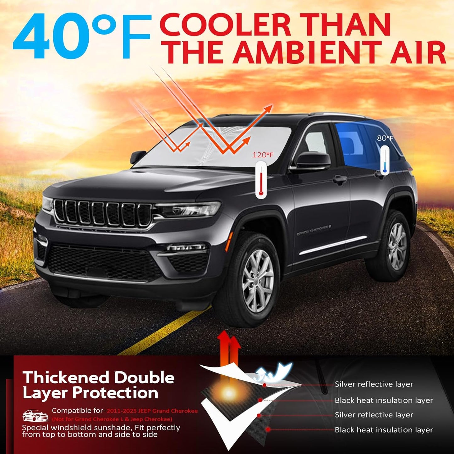 KAYZT Windshield Sun Shade for 2022-2025 Jeep Grand Cherokee (Not for Grand Cherokee L & Jeep Cherokee) Foldable Sunshade Front Window Custom Fit Car Accessories