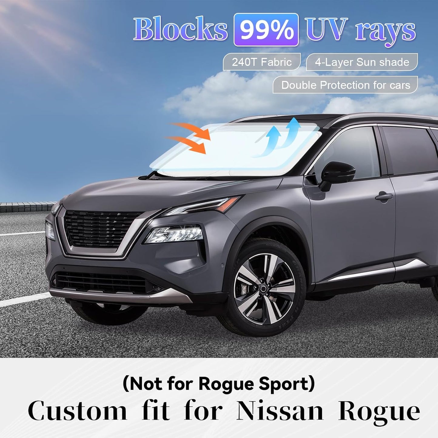 Sun Shade Sunshade Compatible with Nissan Rogue Windshield Cover, 4-Layer Front Window Shade for Rogue 2014-2020 (Not for Rogue Sport) Sun Visor 240T Retractable Shade Blocks UV Rays