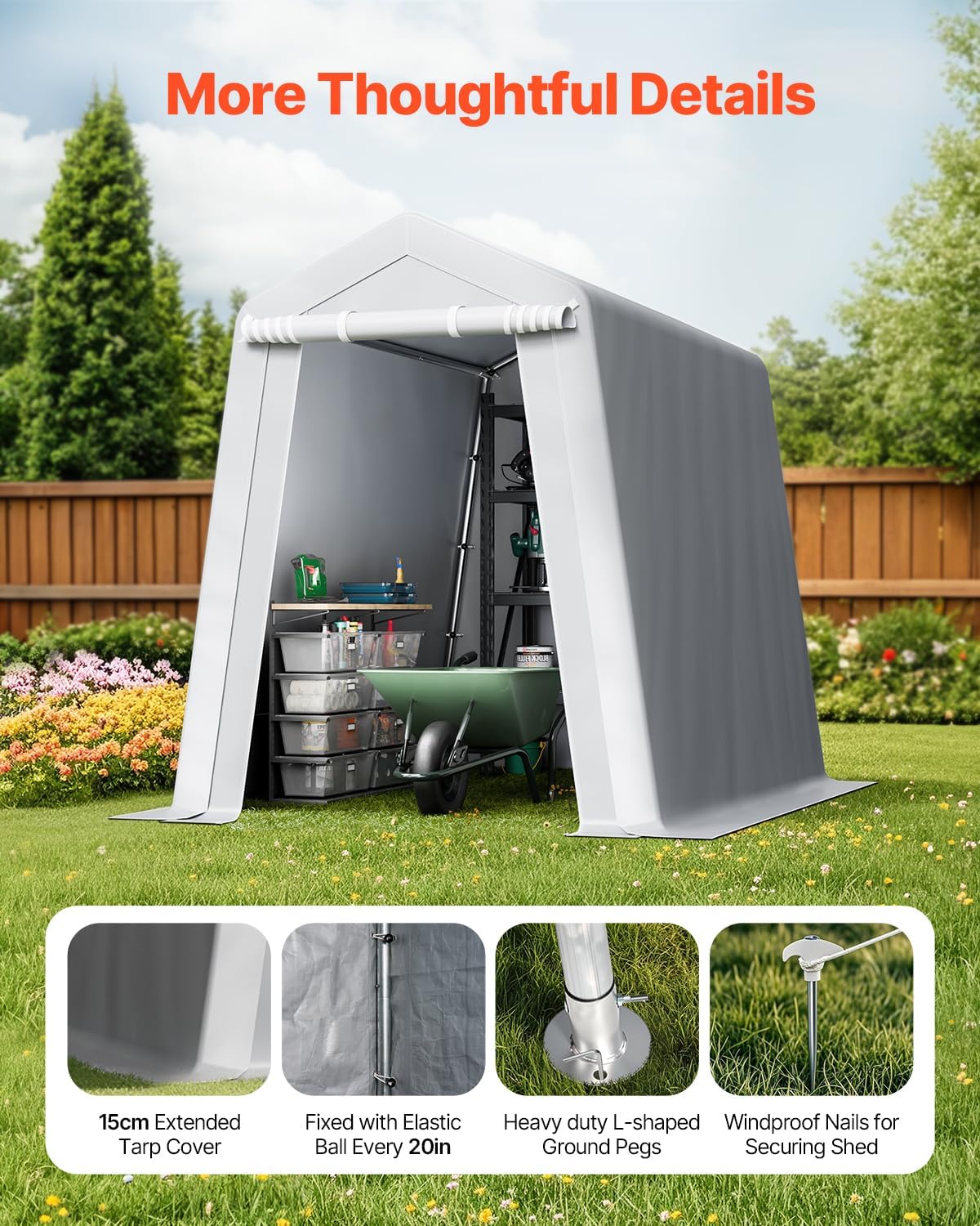 VEVOR 6x8x7 FT Portable Outdoor Storage Shed, Heavy-Duty Waterproof Shelter with Roll-Up Zipper Door & Vents, UV-Resistant Carport for Motorcycle, Bike, Lawn Mower, Tools �Gray