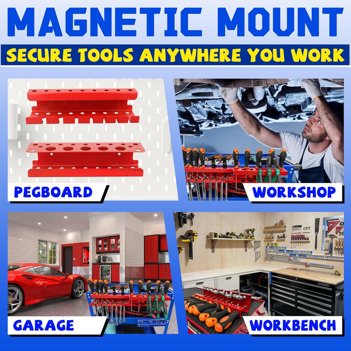 ULIBERMAGNET Magnetic Screwdriver Holder,Magnetic Wrench Holder,Heavy Duty Red Metal Hand Tool Storage Organizer,Set of 2 Magnetic Mount Tool Holder for Garage,Workbench,Tool Cart,PegBoard